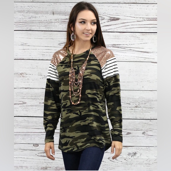 Rose Gold Sequins & Stripes Camo Long Sleeve Top - Picture 3 of 5